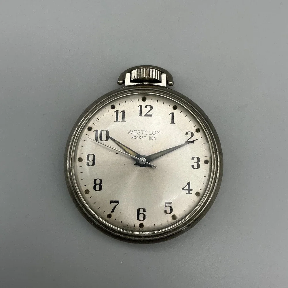 Vintage Westclox Pocket Ben Pocket Watch Men 50mm Silver Tone Manual Wind
